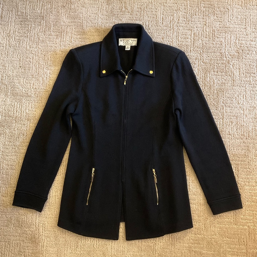 💫 🖤 St. John Santana Knit Blazer Black Gold Zip | Size 2 | Vintage Old Money